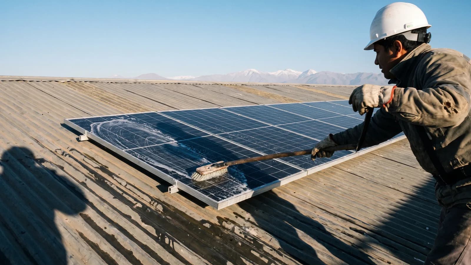 Técnico limpiando paneles solares sobre un techo de zinc