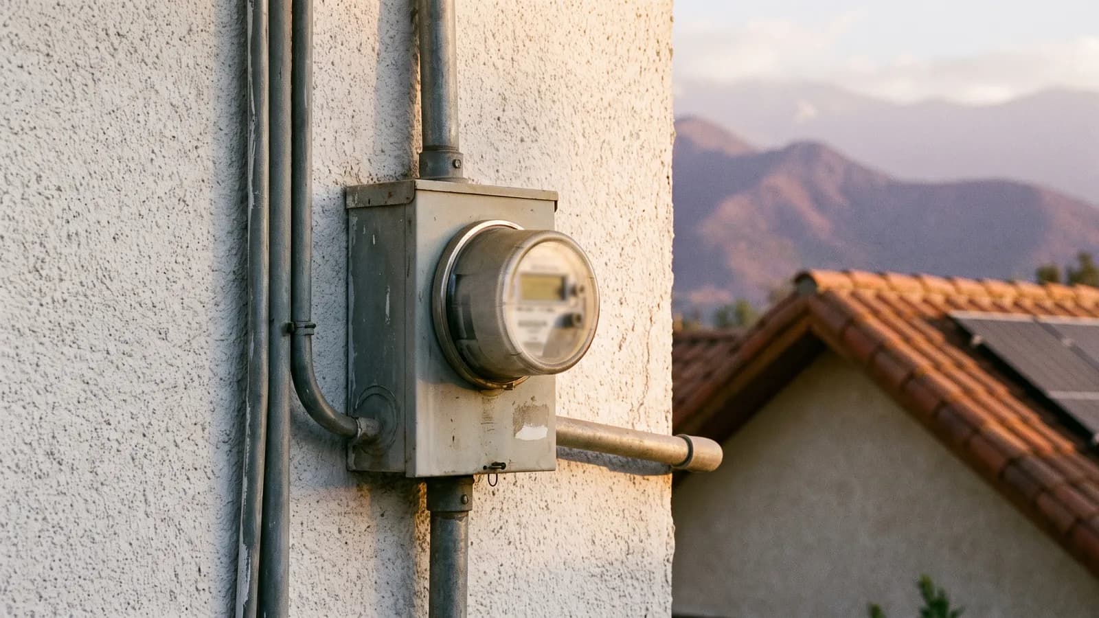 Medidor eléctrico en la fachada de una casa con paneles solares al atardecer