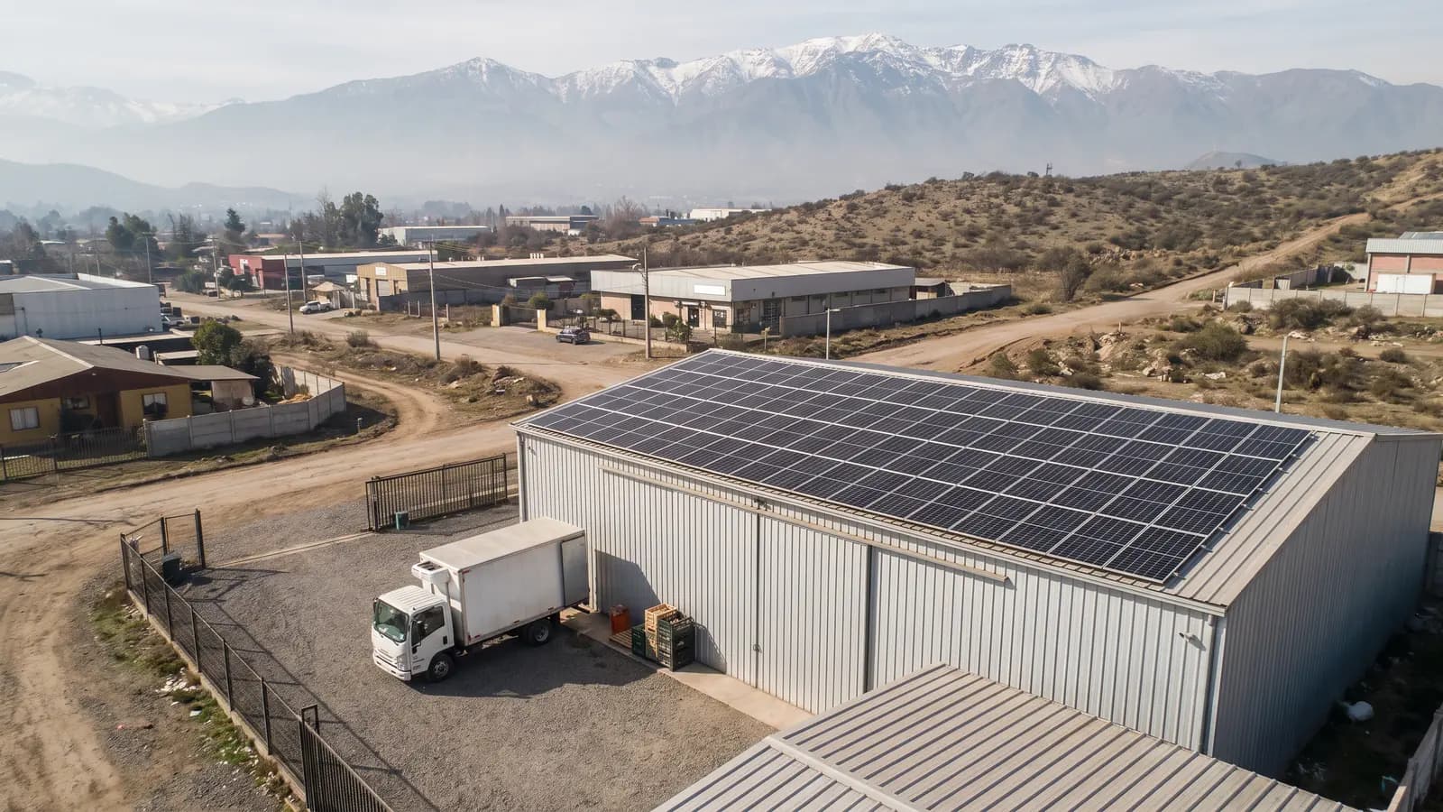 Galpón de una PyME con paneles solares en el techo y la cordillera de fondo
