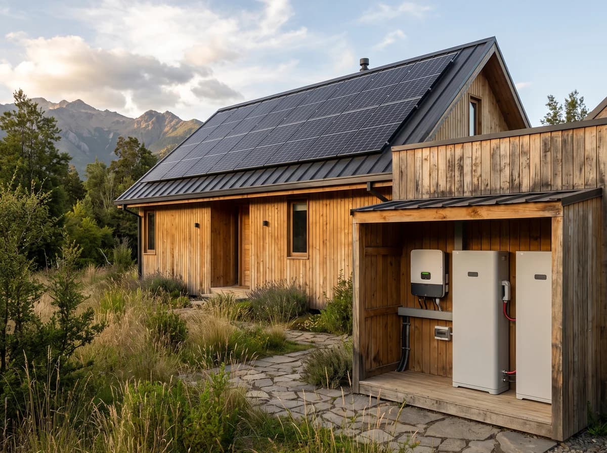 Imagen referencial de una cabaña rural con paneles solares y baterías, sin conexión a la red